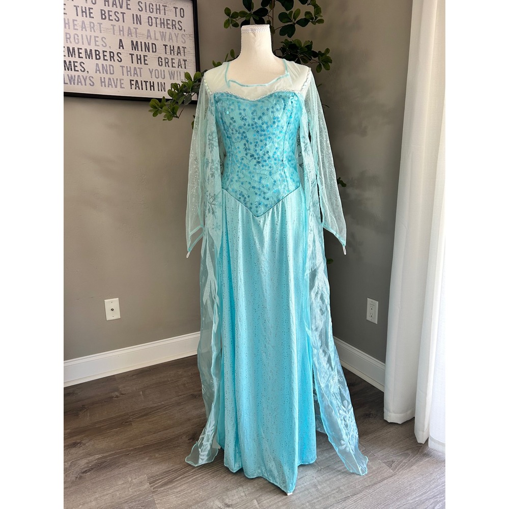 Disney Frozen Elsa Costume Dress Disguise Inc Blue Sequin Snowflake Cape L